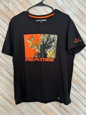Realtree Black Short Sleeve Tee Orange Camo Logo Cotton Deer Antlers